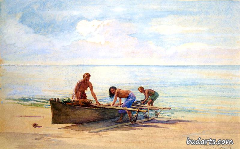妇女们划独木舟，萨摩亚的瓦伊拉，大田，她的母亲和邻居