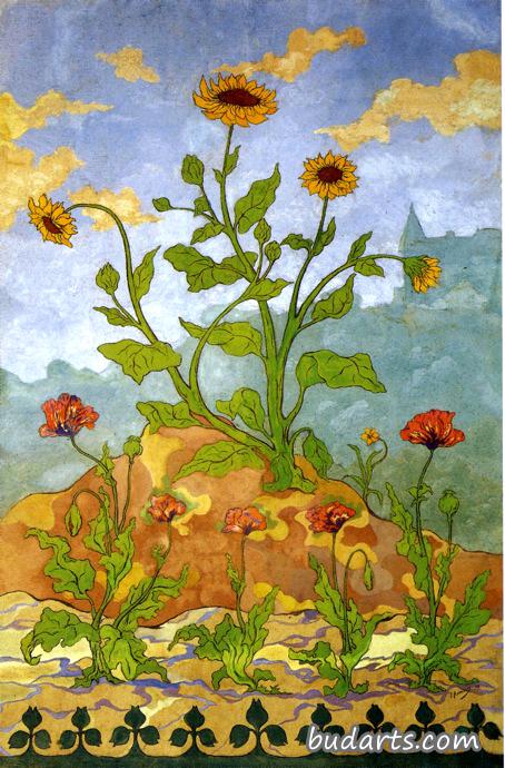 四块装饰板：向日葵和罂粟花