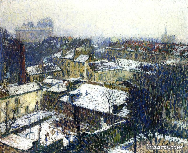 雪地里巴黎的屋顶，艺术家工作室的景色