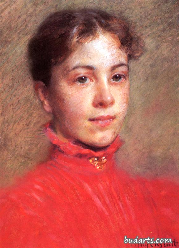 一位身穿红色连衣裙的年轻女子的画像