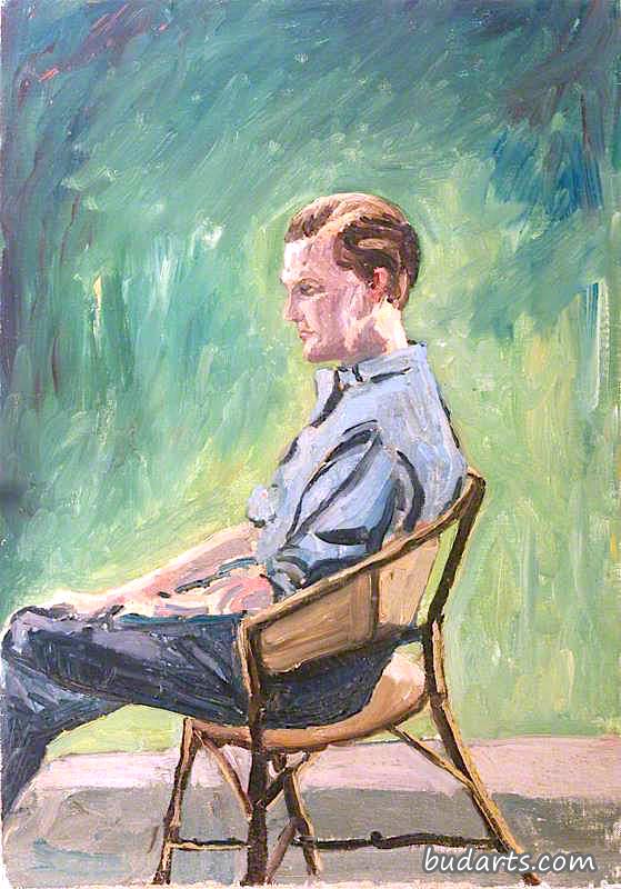 兰道夫·丘吉尔，坐在花园的椅子上