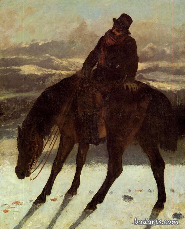 骑马的猎人，用红色覆盖着小径