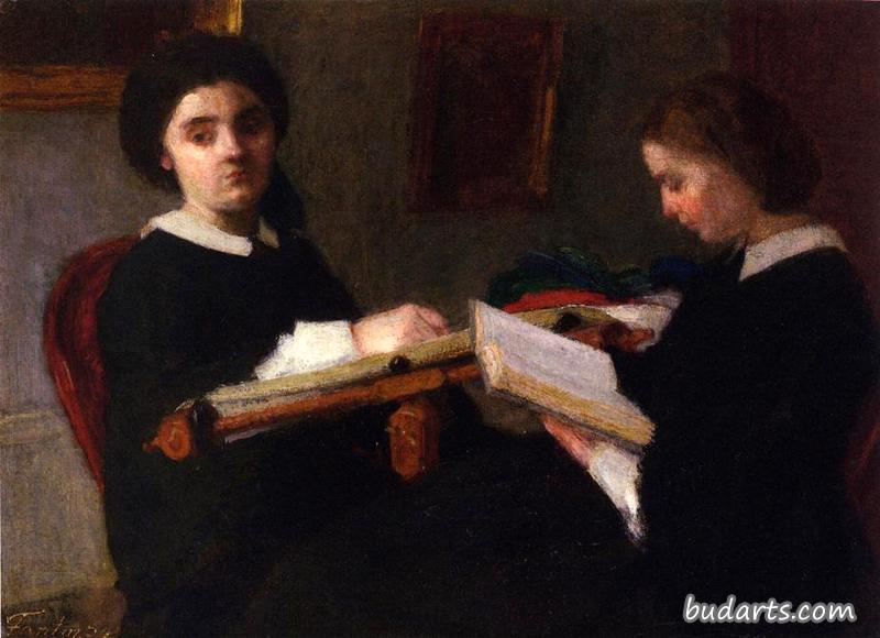 两个年轻女子，刺绣和阅读