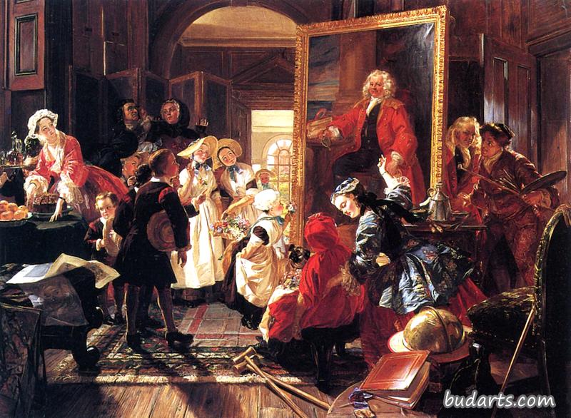 1739年，霍加斯的工作室——假期造访弃婴，观看科拉姆船长的肖像