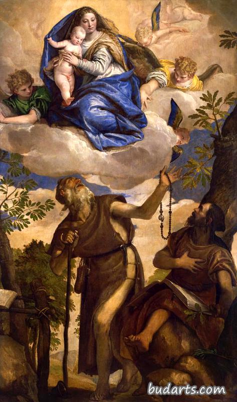 圣母玛利亚和天使的孩子出现在圣徒安东尼方丈和隐士保罗面前