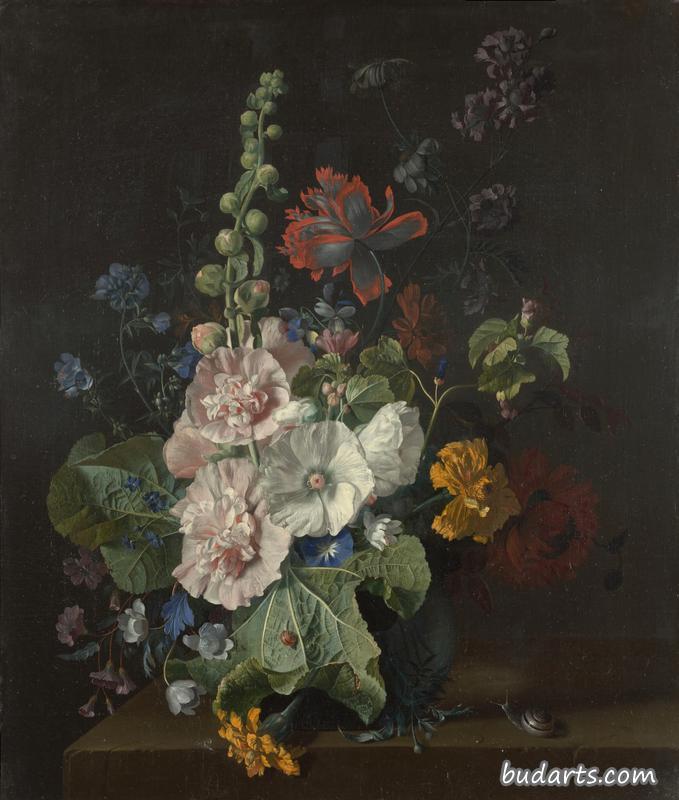花瓶里的蜀葵和其他花