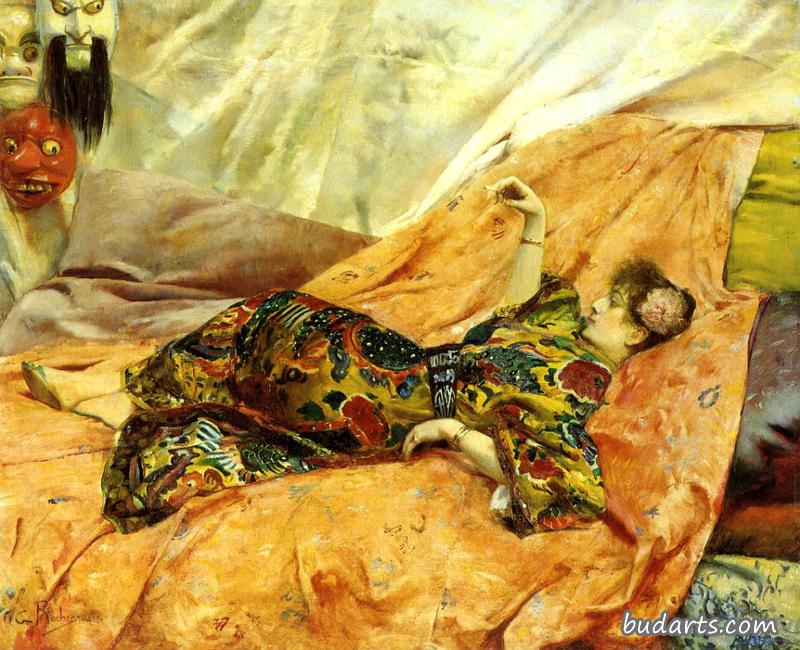 莎拉·伯恩哈特的肖像，躺在中国风格的室内