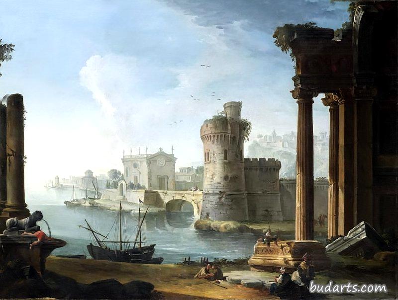 一个被毁坏的爱奥尼亚式门廊和一个入口旁的塔，一个港口和一个山头城镇