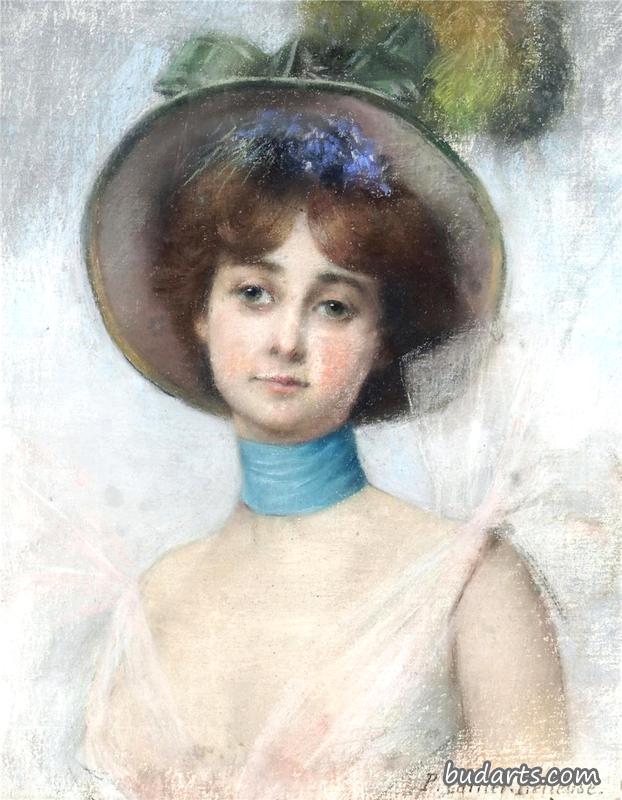戴弹簧帽的女士肖像