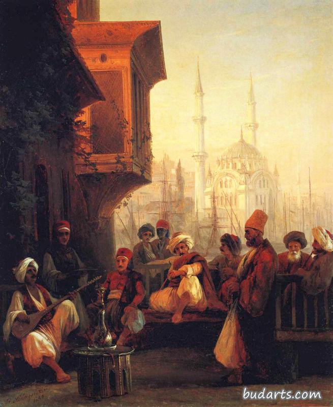 君士坦丁堡奥塔克耶清真寺旁的咖啡馆