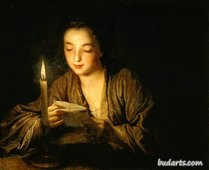 烛光下看书的女孩