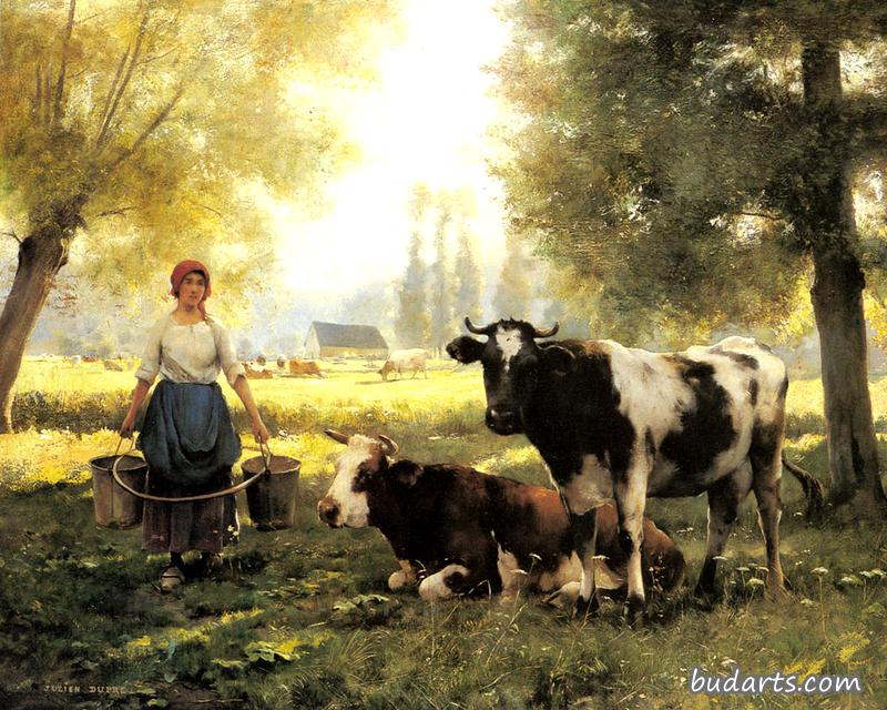 一个挤奶女工在夏天带着她的牛