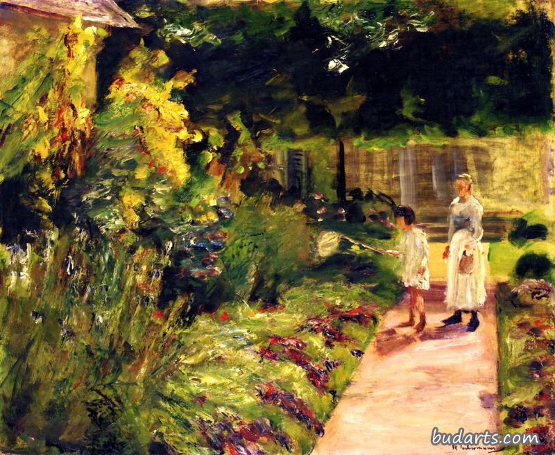 艺术家的孙女和她的保姆在旺西的厨房花园里