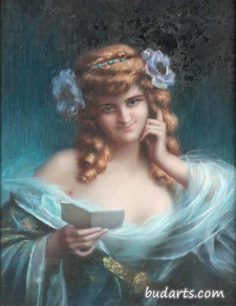 穿蓝色衣服的女人，在读一封信