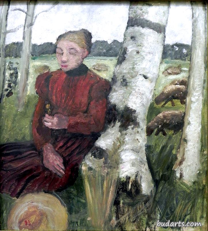 坐在桦树树干上的女孩
