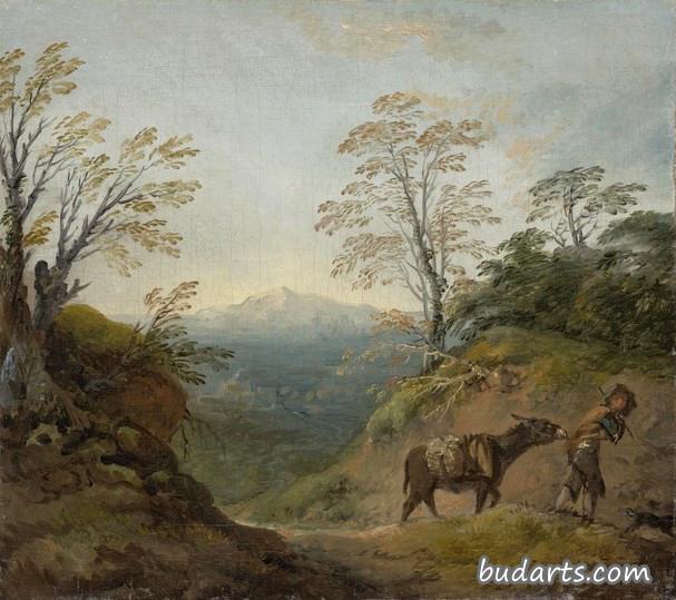 一个男孩牵着一头驴和一条狗的树木繁茂的风景，还有一幅建筑的全景图