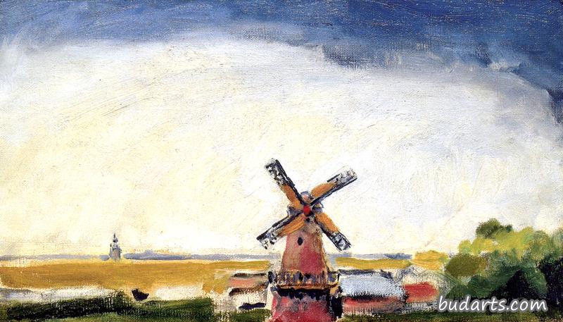 荷兰风景，带风车的圩田