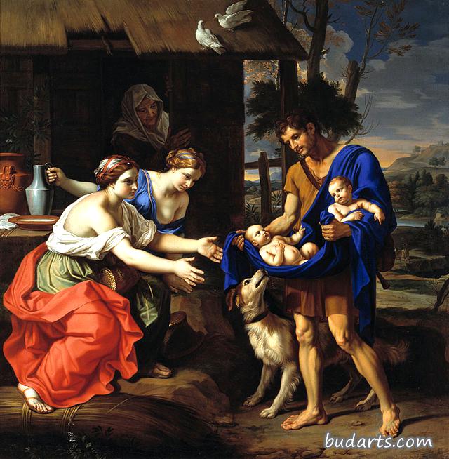 牧羊人浮士多德把罗穆卢斯和雷穆斯带给他的妻子