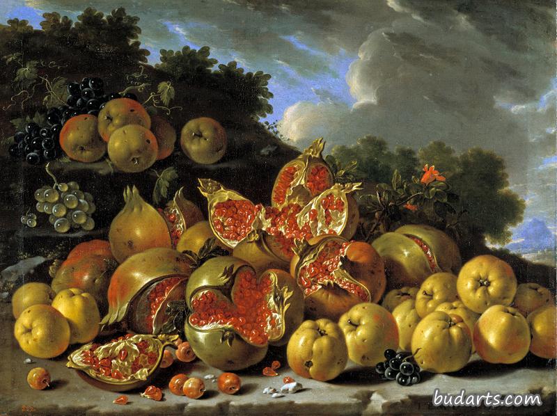 有石榴、苹果、樱桃和葡萄的静物画