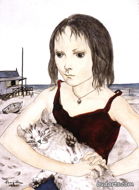 带着猫在海滩上的小女孩