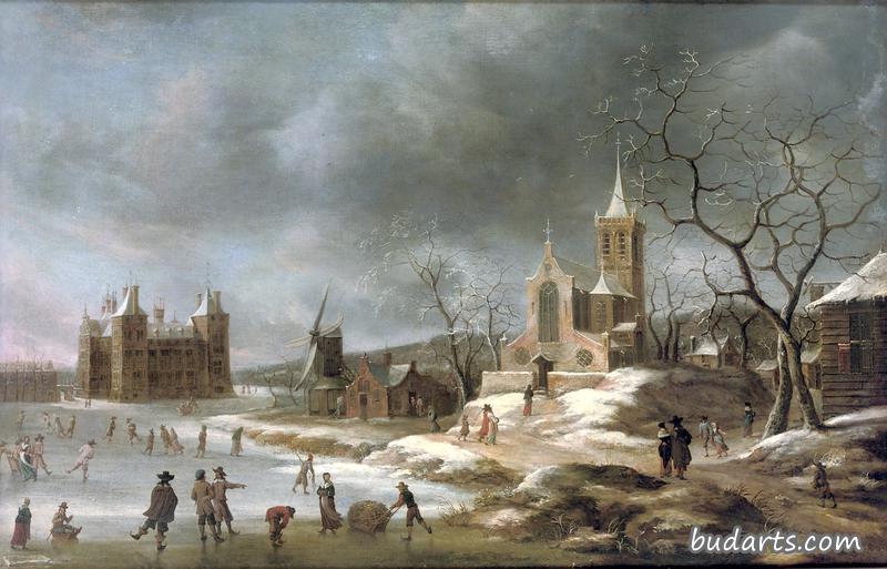 在布伦城堡附近冰上活动的冬季景观