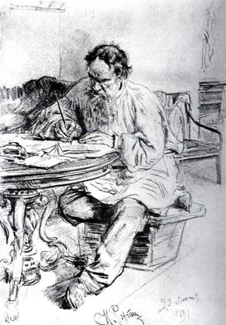 Leo Tolstoy working.