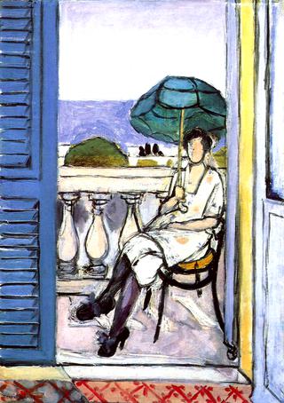 Woman with a Green Parasol on a Balcony
