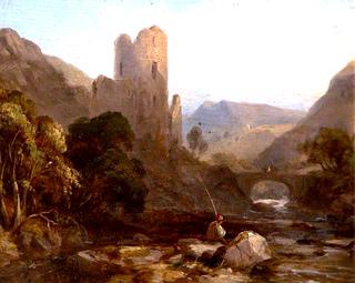 在被毁坏的城堡旁的小溪里钓鱼的人