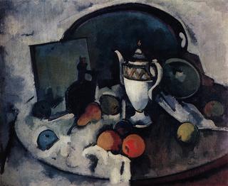 Still Life with a White Teapot, Black Bottle and Fruit