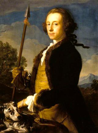 马修·费瑟斯顿豪爵士的肖像，第一英国电信，下院议员，是一个手持野猪长矛的猎人