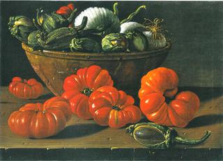 Still Life with Tomatoes, a Bowl of Aubergines & Onions