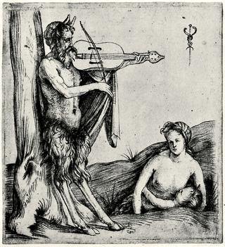 A satyr playing a violin, with his wife and child beside him