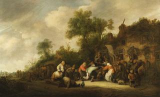 Peasants Dancing and Carousing outside a Village Inn