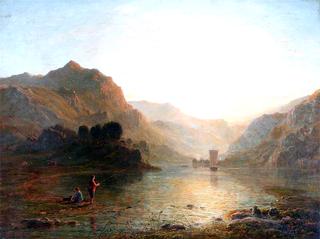 Lake and Mountain Scene with a Boy Fishing