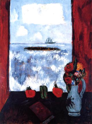 Summer Sea, Window, Red Curtain
