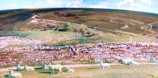 埃克斯穆尔的景色，前景是靠墙的羊