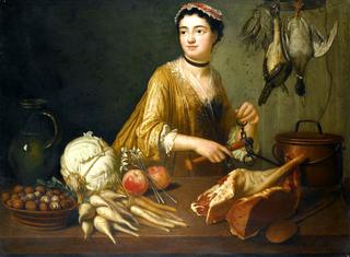 Kitchen Interior with Woman Preparing a Meal