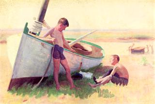 Two Boys by a Boat - Near Cape May