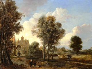 A landscape with figures on a path near a country house