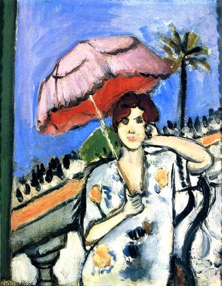 Woman on a Balcony with a Pink Umbrella, Face on, Half Figure