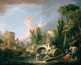 River Landscape with Ruins and a Bridge