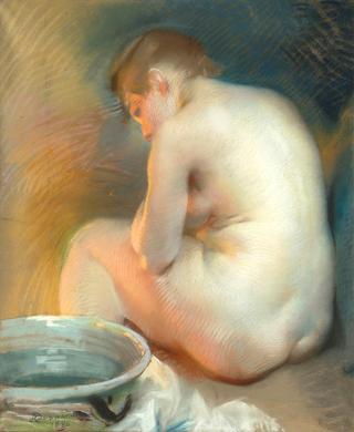 Naked woman warming herself