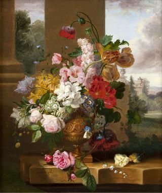 Still Life with Tulips, Roses and Lily of the Valley with a Cabbage-White Butterfly in an Urn