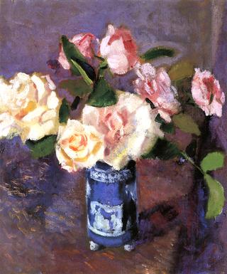 Still Life/Pink Roses in Blue Vase