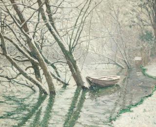 Barque en rivière sous la neige