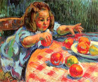 琴，艺术家的儿子，在玩苹果