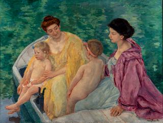 Two mothers and their children in a boat