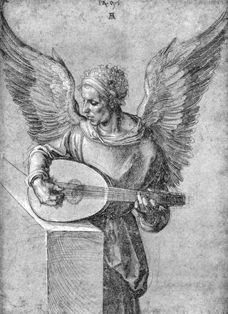 Winged Man, in Idealistic Clothing, Playing a Lute