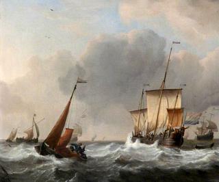 一个荷兰三号船长和一个水手在前面，她的主帆在暴风雨中被放下