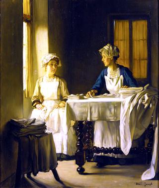 Interior with Two Women Folding Sheets